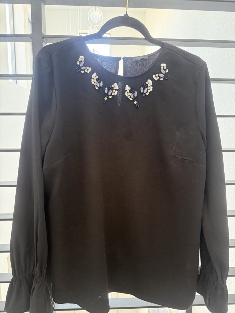 Ann Taylor Black Embellished Neckline Long Sleeve Blouse Large